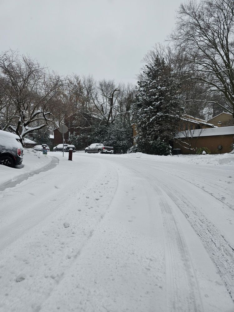 a suburban neighborhood street, entirely blanketed in white snow