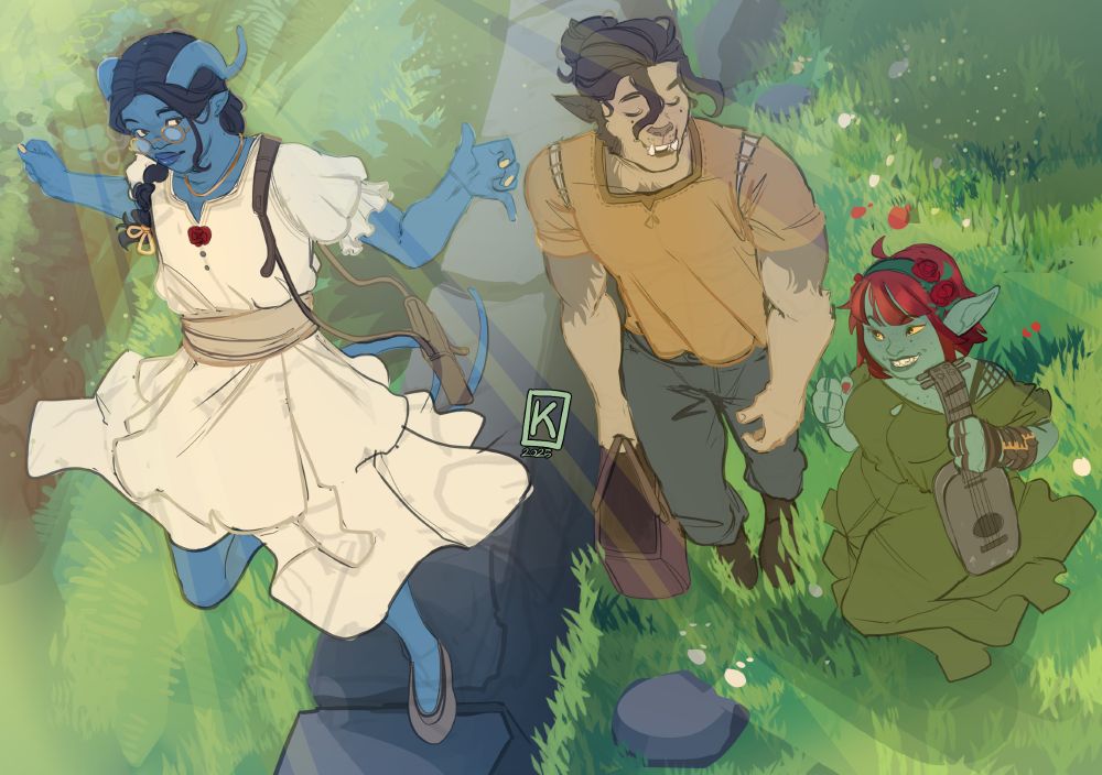 A tiefling, a bugbear and a goblin trot through the grass on a sunny day. Off to have a picnic.