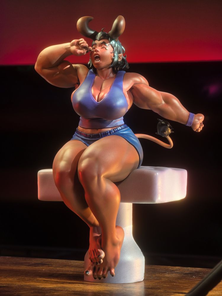 3d printed figure of a red horned woman sitting and yawning