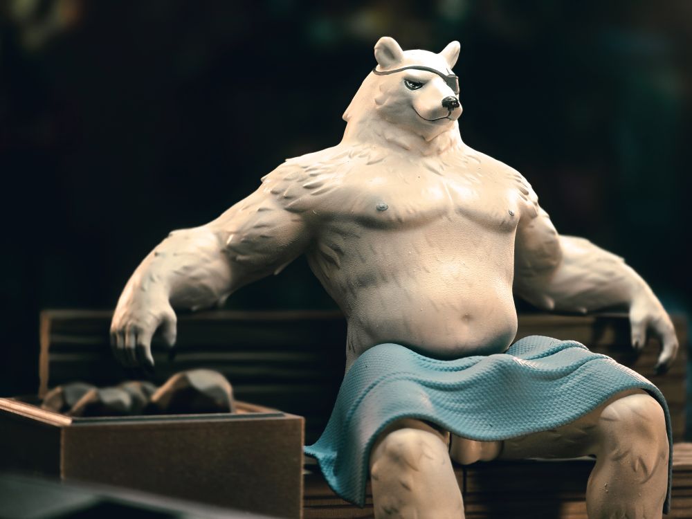 3d printed figure of the character polar patroler from Fortnite sitting on a sauna bench with a towel on 