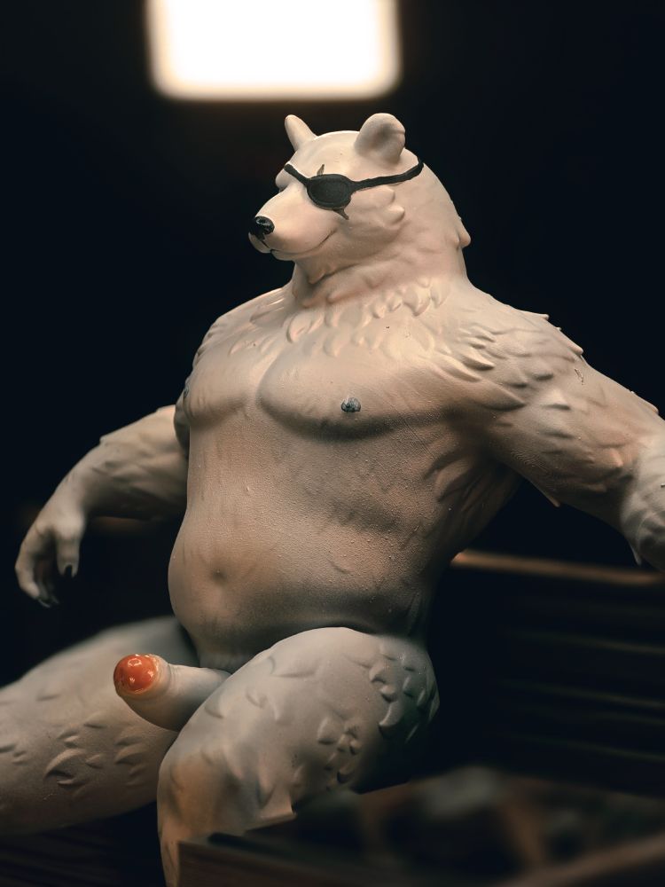 3d printed figure of the character polar patroler from Fortnite sitting on a sauna bench nude and erect