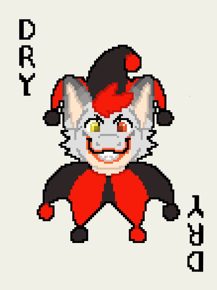 Pixel art joker playing card of a grey cat/dragon hybrid wearing a red and black jester hat and matching collar