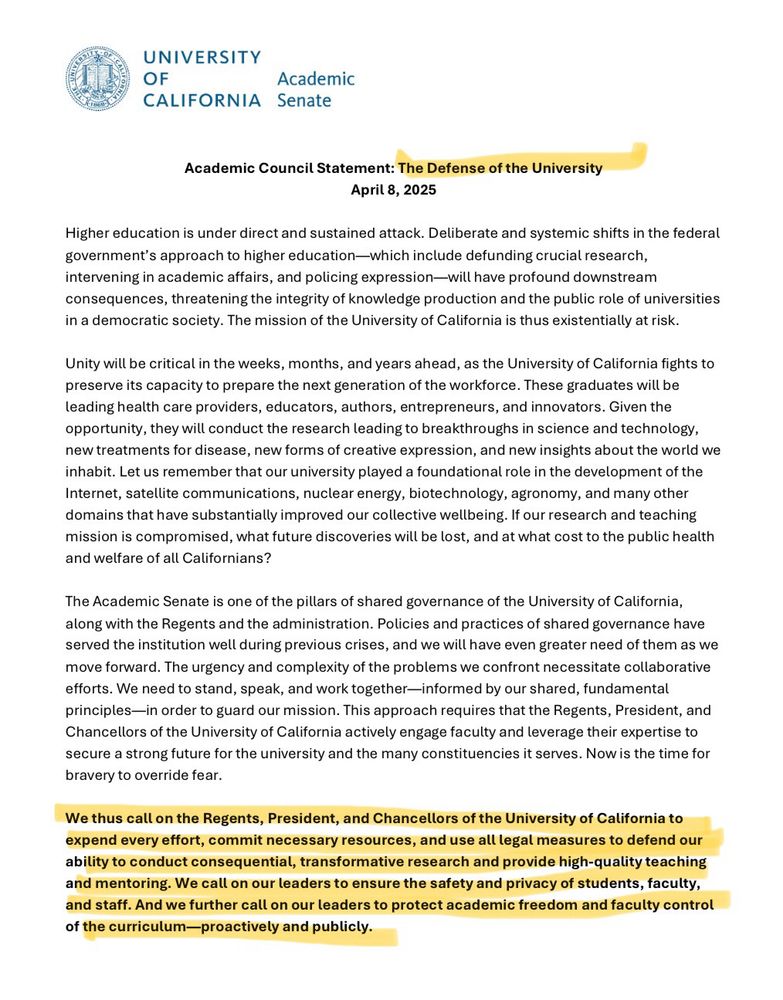 Letter from Academic Senate of the UCs calling on higher ups to stand up for freedom of speech, knowledge and safety.