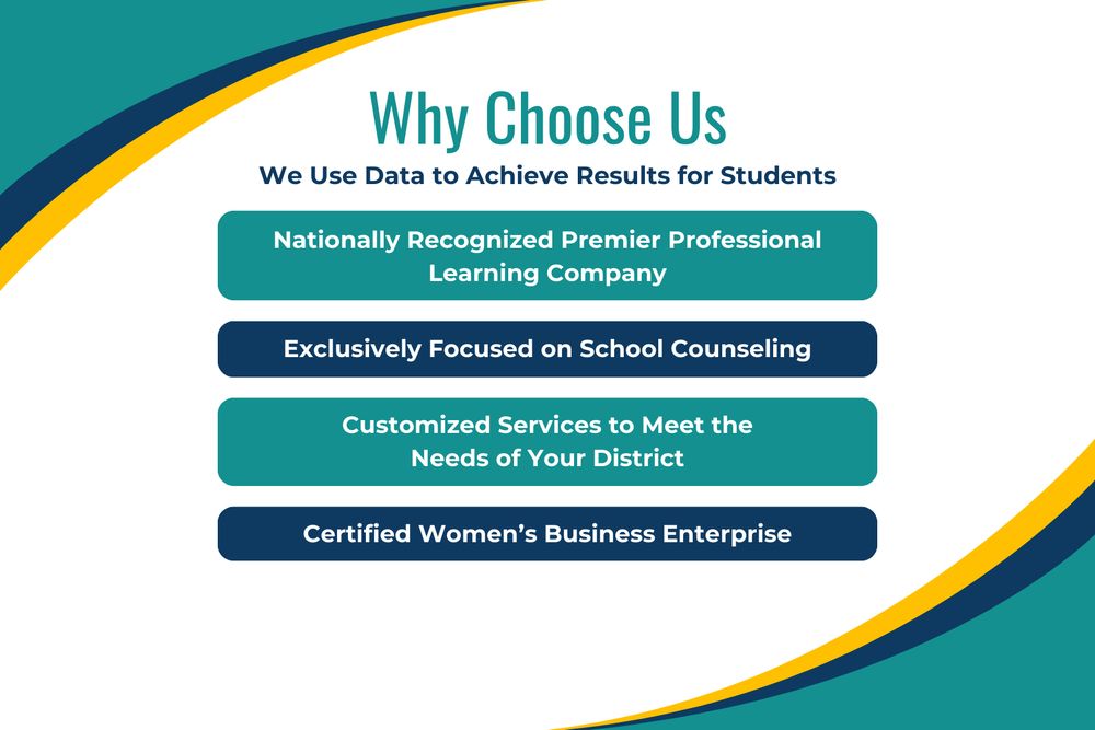 A graphic titled Why Choose Us:

We Use Data to Achieve Results for Students
Exclusively Focused on School Counseling
Nationally Recognized Premier Professional Learning Company
Certified Women’s Business Enterprise
Customized Services to Meet the Needs of Your District