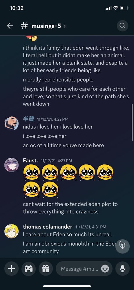 pictured: another screenshot in this discord server, one person stating how my partner made eden, and thomas commenting about how he loves eden as well
