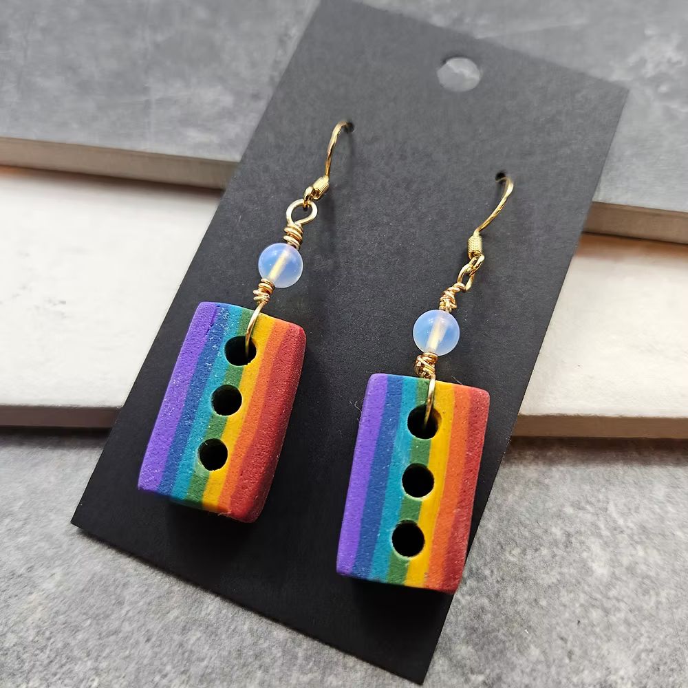 Earrings shaped like bricks striped in rainbow colors