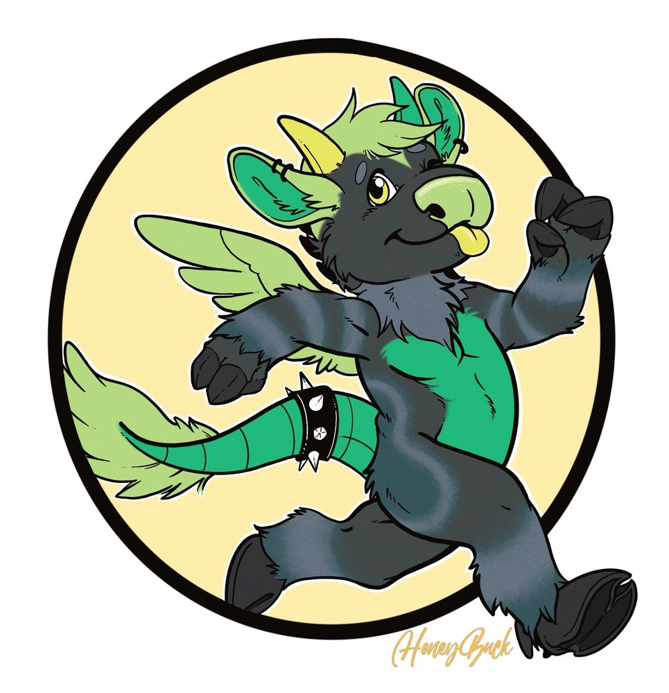 Dark grey and green cow hybrid with lime green angel wings and jade green possum tail that has a spiked collar wrapped around its base.