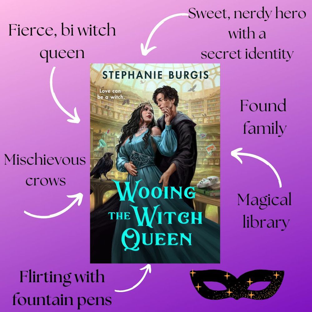 In the centre of the square image is the cover of Stephanie Burgis’s Wooing the Witch Queen, which shows a sinister witch queen in a spectacular beaded dress embracing her handsome and adoring new librarian (in a black wizard's robe) inside a library of magic filled with crows and masks and flying books. Around it are these bits of descriptive text: Fierce, bi witch queen; sweet, nerdy hero with a secret identity; found family; mischievous crows; magical library; flirting with fountain pens. At the bottom right corner of the image is a picture of a glittering black masquerade mask.