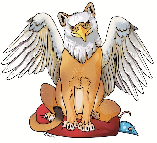 A beautiful illustration of a griffin sitting on a cat bed with a catnip mouse beside her. The illustration is signed "Tallulah" by the artist, Tallulah Cunningham.