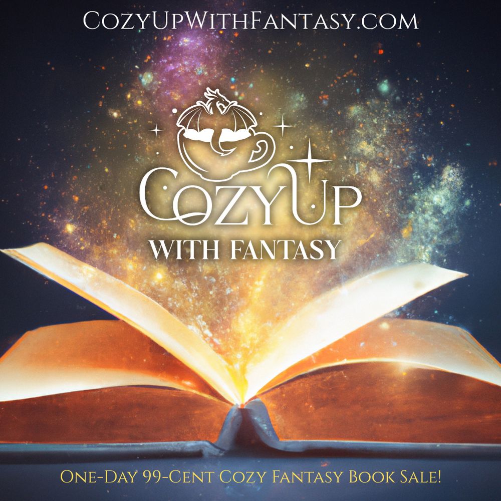 The illustration in this image shows a dragon nesting in a teacup above a magical open book. The text reads: Cozy Up with Fantasy: one-day 99-cent cozy fantasy book sale!