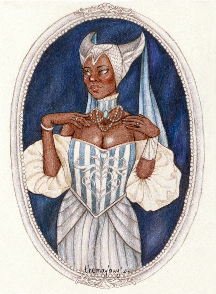 A colored pencil drawing of Vivienne de Fer from Dragon Age. The drawing is in an oval silver frame with decorative borders. Vieienne is striking an elegant pose with her hands on her collarbones, while looking to the side and smiling. She's wearing an off the shoulder dress with huge white puffy sleeves, a white and blue striped corset, and a blue skirt. She's also wearing a pearl necklace and headdress. The background is dark blue.