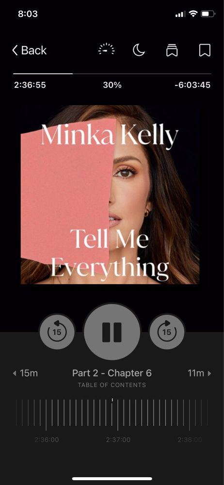 Screenshot of an audiobook copy of Minka Kelly’s autobiography Tell Me Everything