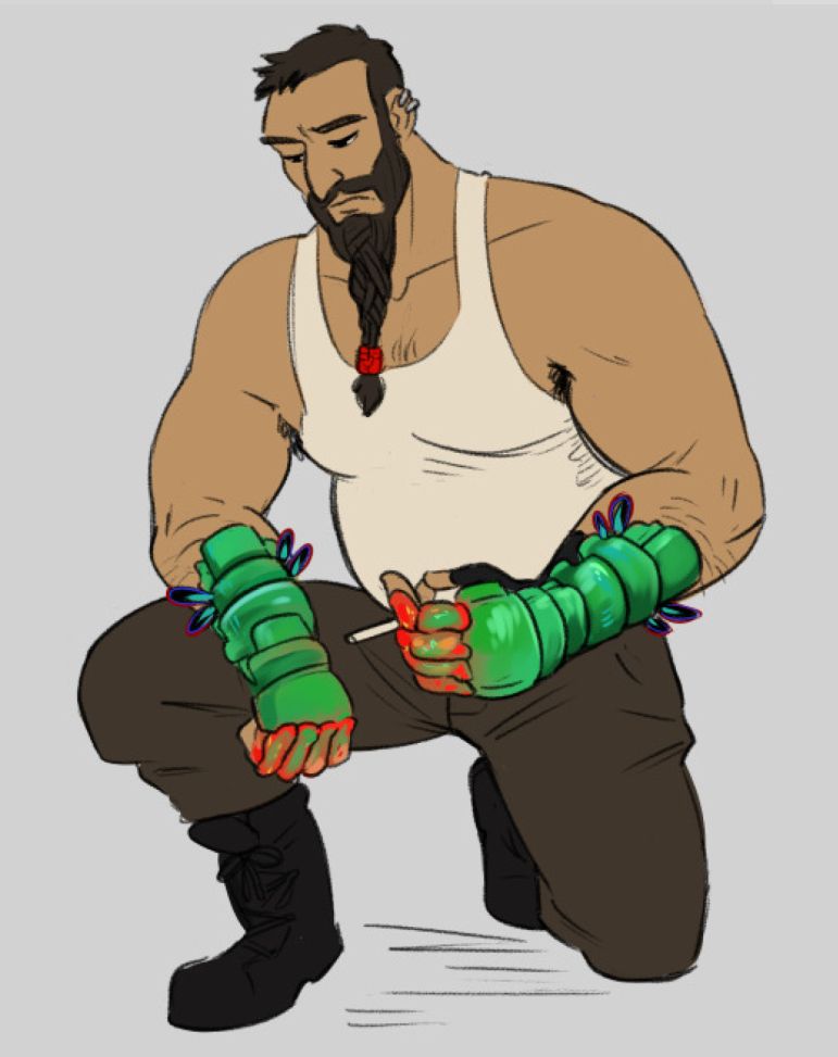 A buff dude with a beard smokes a cigarette. He's wearing a tank and boots and weird green gauntlets. He's wearing a tank top and boots and a pair of weird green gauntlets.
