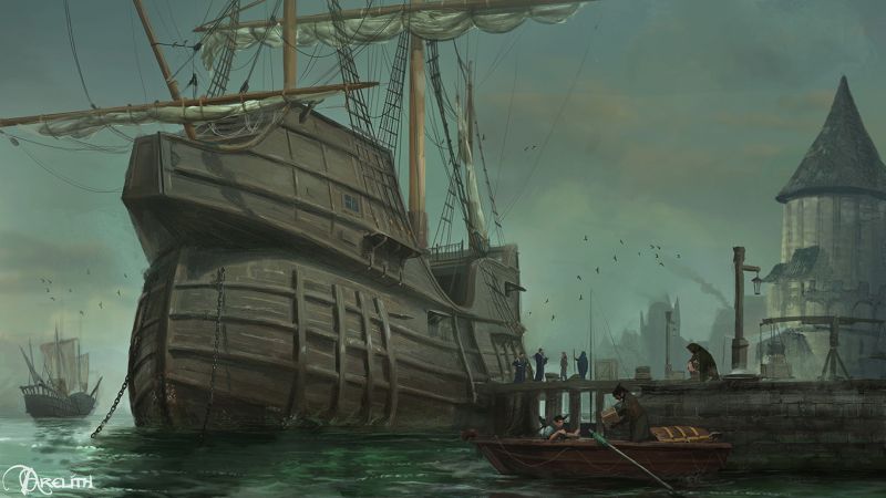 A galleon being loaded at Cordor Docks. Arelith art from Matheus Graef.