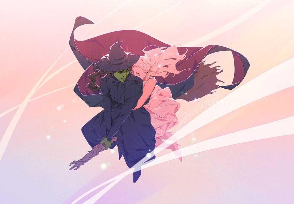 Elphaba turning to look at Glinda, riding on her broom with her. Glinda is clinging onto her from behind.