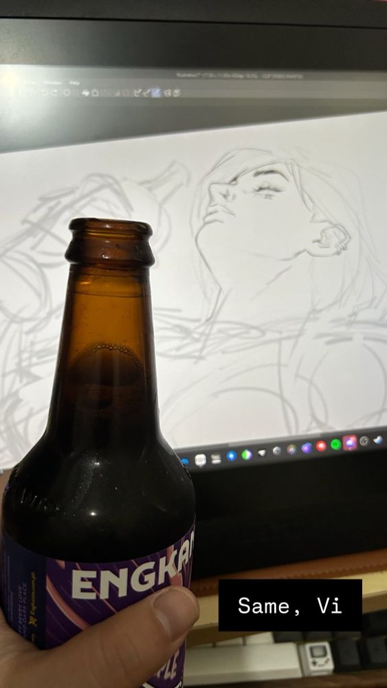 Having a beer while a WIP of Vi imbibing alcohol is in the background