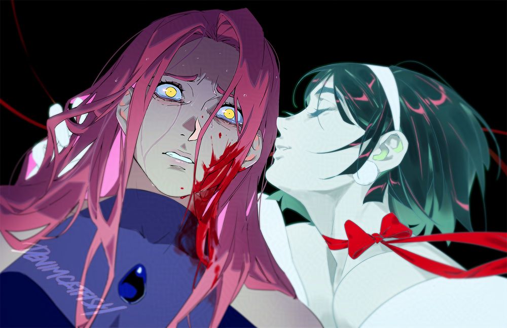 Mizi and Sua from Alien Stage. Sua’s ghostly profile whispering in a traumatized Mizi’s ear. Mizi has Sua’s blood on her cheek and Sua has a red ribbon where her mortal wound would be