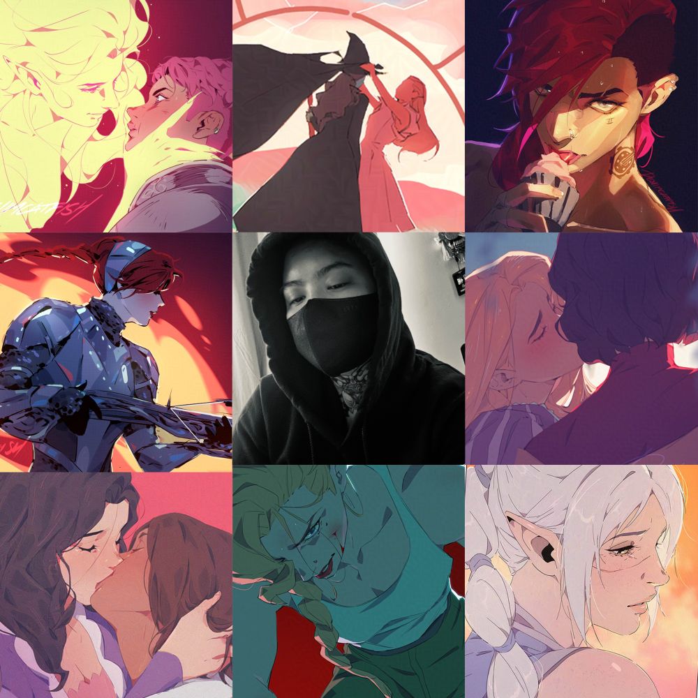 9 panels of artwork crops (Chappel Roan, Korrasami, Helga Sinclair, Shadowheart, Rapunzel + Cassandra, Elphaba + Glinda, Vi, OCs) and a black and white picture of me with a mask + hoodie