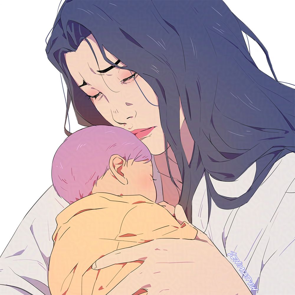 A grieving Celine holding baby Rumi clad in yellow. Celine’s hand is over where Rumi’s demon marks would be