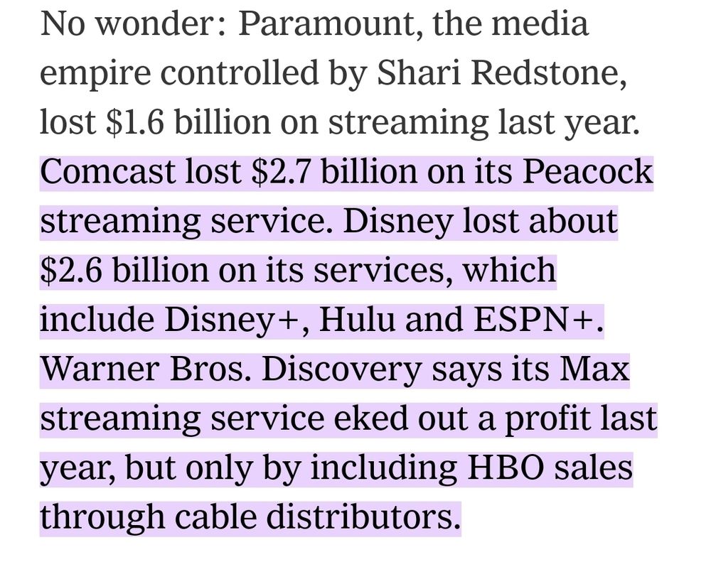 No wonder: Paramount, the media empire controlled by Shari Redstone, lost $1.6 billion on streaming last year. Comcast lost $2.7 billion on its Peacock streaming service. Disney lost about $2.6 billion on its services, which include Disney+, Hulu and ESPN+. Warner Bros. Discovery says its Max streaming service eked out a profit last year, but only by including HBO sales through cable distributors