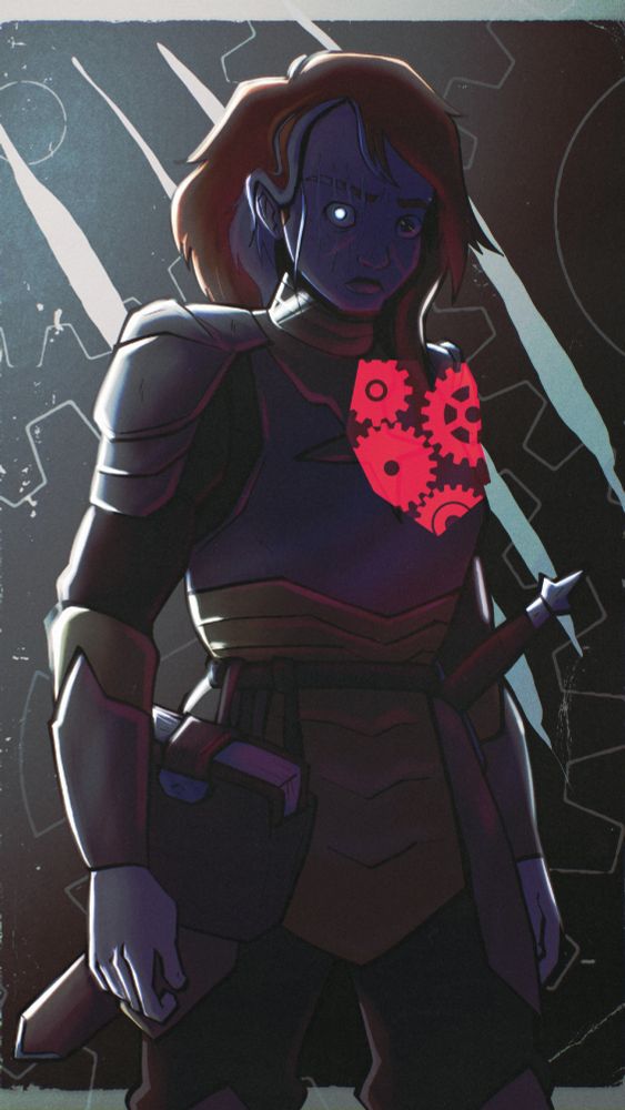 The Wizard Steel stands, face in shadow. Her pale eye peers through the shadows. Imagery of crimson gears churn in the shape of a heart over her chest. Four white scars slash across more gear imagery in the background.