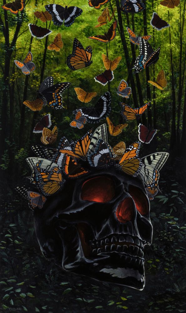 Painting of a black skull with an inner glowing red light hovering in a dark forest. It wears a crown of butterflies that are all beginning to fly away. Painting by Dave Todaro