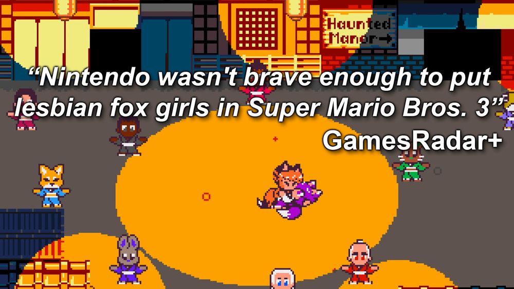 A screenshot of the dance in kitsune tails, with kiri dipping a shocked looking yuzu. Above them is a pull quote:

"Nintendo wasn't brave enough to put lesbian fox girls in Super Mario Bros. 3" GamesRadar+