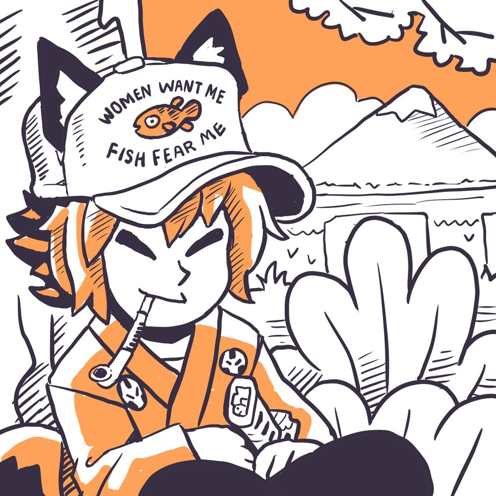 Illustration of Kiri from Kitsune Tails relaxing under a tree, with her pipe in her mouth and the pommel of her katana visible. She's wearing a baseball cap with her ears poking out of it, it has a depiction of a fish on the front and text around the fish saying "women want me, fish fear me"