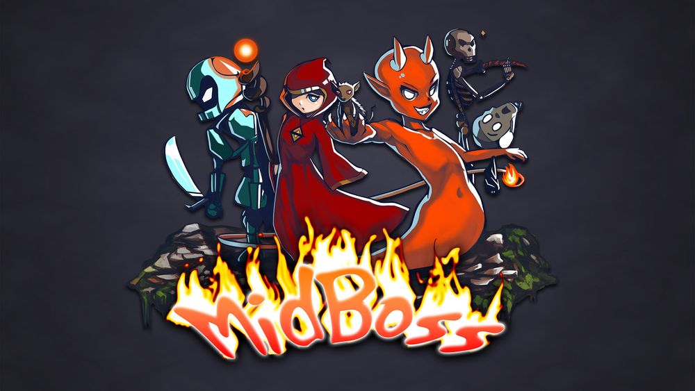 MidBoss key art, with the imp holding a rat and balancing a zombie head, while the warlock, ghost, and skeleton are in the background
