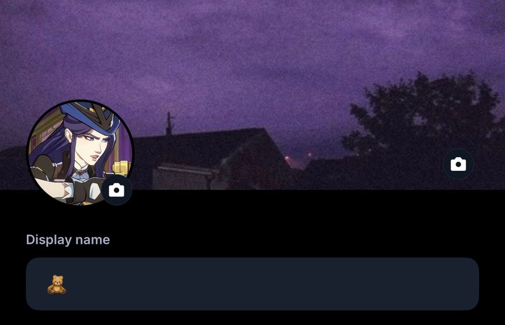screenshot of a potential layout. the icon is of caitlyn from the 2XKO trailer and the header is of a purple sky with the top of a house and a tree 