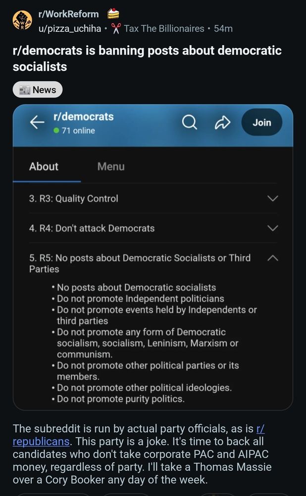 Democrats subreddit has banned any discussion on democratic socialism 