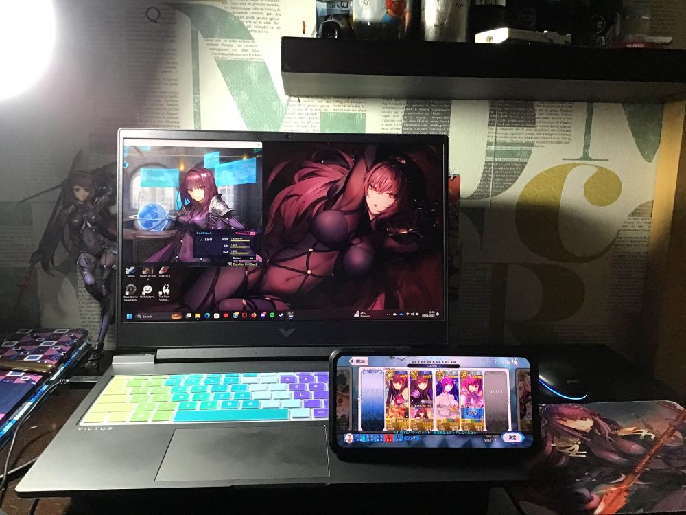 On the back: Scathach figurine
PC Game: Fate/Extella Link
Mobile Game: Fate/Grand Order (JP) showing a team of Scathach (Summer Assassin at Level 120), Scathach (Lancer at Level 100), Scathach-Skadi (Summer Ruler at Level 90), and Scathach-Skadi (Caster)
Mousepad illustrating Scathach