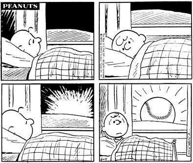 A screenshot of a Peanuts cartoon where Charlie Brown can't sleep and wakes up to a baseball sun