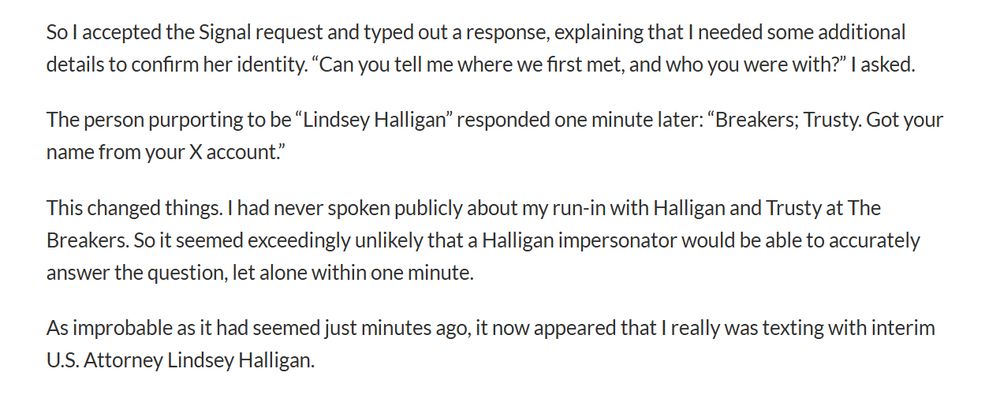 A screenshot from the linked piece in the quote tweet with a particularly absurd bit from the story about how the author verified she was in fact on Signal with Lindsey Halligan