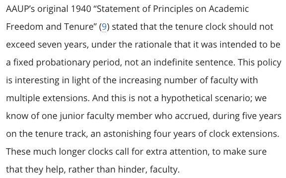 AAUP’s original 1940 “Statement of Principles on Academic Freedom and Tenure” (9) stated that the tenure clock should not exceed seven years, under the rationale that it was intended to be a fixed probationary period, not an indefinite sentence. This policy is interesting in light of the increasing number of faculty with multiple extensions. And this is not a hypothetical scenario; we know of one junior faculty member who accrued, during five years on the tenure track, an astonishing four years of clock extensions. These much longer clocks call for extra attention, to make sure that they help, rather than hinder, faculty.
