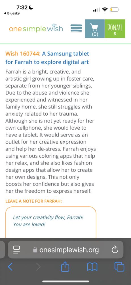 Screenshot confirming donation to One Simple Wish