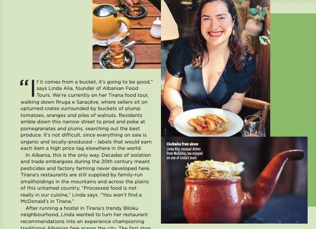 screen grab of Wizz Air's spread on Albanian gastronomy, featuring a photo of my friend Linda Alia smiling with a plate of food