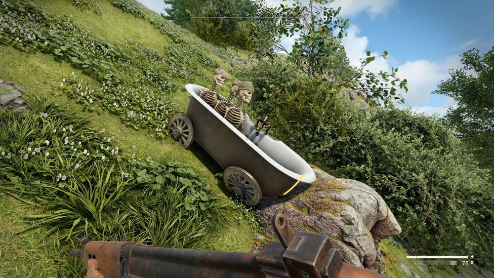 Atomfall - Three skeletons wearing flat caps in a wheeled bathtub