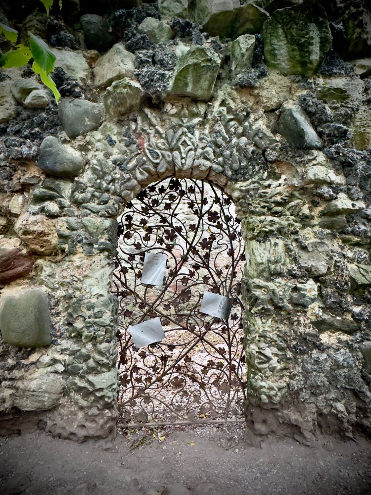 The Shell House / Shell Grotto doorway (c1782) in the grounds of Newhailes House, Musselburgh. (National Trust for Scotland). Photo by Bob Marshall Oct 2025.