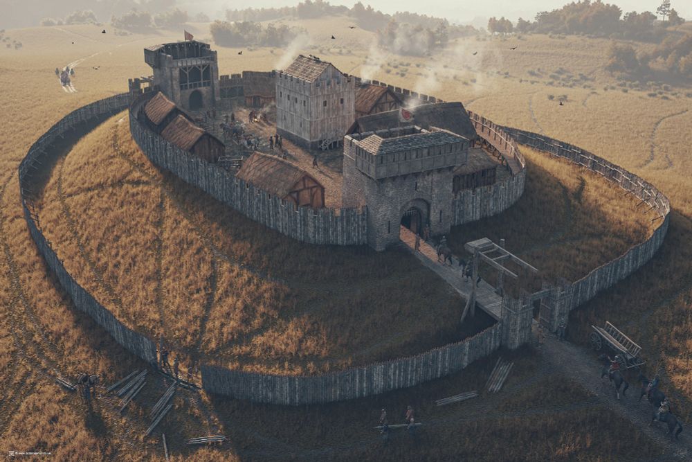 A speculative reconstruction of the incomplete timber castle at Howden Motte (c.1305-10) near Selkirk (NT 4584 2686). This is the castle of Alexander Baliol of Cavers - one-time Chamberlain of Scotland and the uncle of King John Baliol, r.1292 – 1296. Howden was an oval enclosure on the ridge top, surrounded by a ditch and bank. Excavation in 1957 revealed the post-holes of a wooden palisade around the rim of the mound and a stone floor. Around the edge of the enclosure was a timber palisade, and it is possible that the enclosure was revetted in stone where the gate entrances were. A timber tower may have been provided with an adjacent hall or solar along with stables, kitchens, and accommodation for the garrison of 30 men-at-arms. Personal project © Bob Marshall 2022