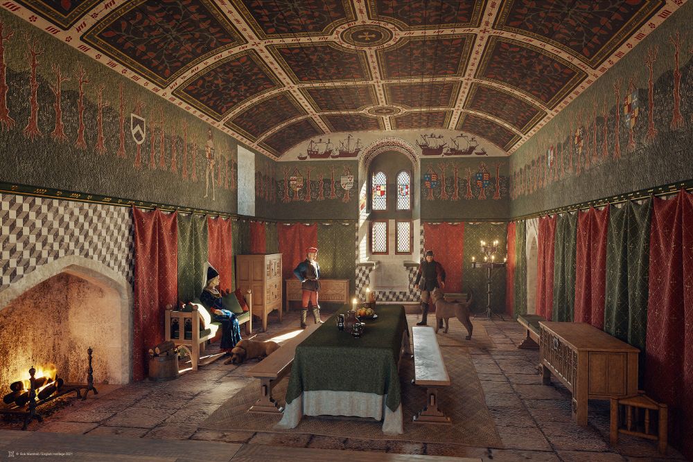 Digital reconstruction of the medieval Great Chamber at Belsay Castle in Northumberland, showing how it might have looked towards the end of the fifteenth century. The Middleton family occupied Belsay Castle for more than six centuries until Sir Charles Monck built Belsay Hall close to it in the early nineteenth century. There is fragmentary evidence that this interior was elaborately decorated with geometric patterns below a dado, and above it, a mock tapestry depicted trees set against a dark-coloured background. Their lopped branches support several heraldic shields associated with the Middleton family. There is an instance of a wildman or woodsman commonly referred to as ‘Wild Man of Belsay’. This was a figure that the Middleton family began using in their heraldry in the latter half of the fifteenth century. Above the window opening on the upper part of the south wall, there are paintings that have been identified as carracks, a typical three-masted sailing vessel used in the fifteenth century for trading and warfare. The depiction of the painted timber ceiling in the reconstruction is speculative and is inspired by other surviving ceilings that were fashionable in this period. Artist: Bob Marshall. Copyright: English Heritage / Historic England 2023.