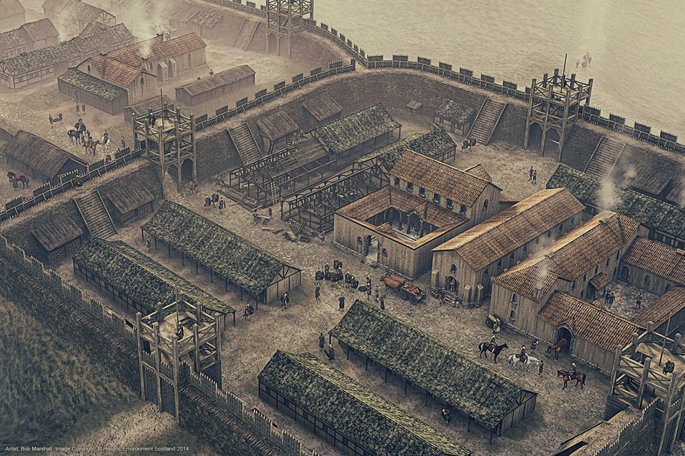 Digital reconstruction illustration of Rough Castle Roman Fort near Falkirk in Scotland. This image shows the barracks, Principia, Horrea, and the Praetorium. The bath house is in the annexe, in the top-left corner of the image. Commissioned Work. © Bob Marshall / Historic Environment Scotland 2014.
