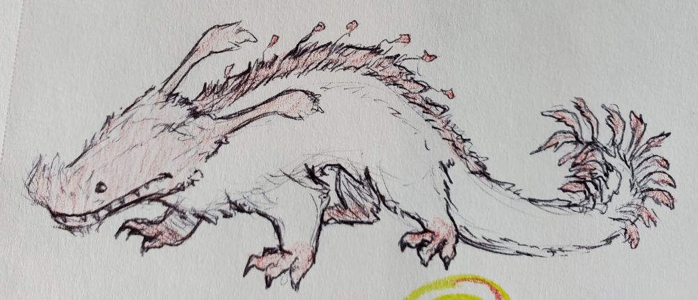 A detailed pen drawing of a strawberry lizard. It's in a neutral stance, is fluffy, and has some light pink parts done in colored pencil.