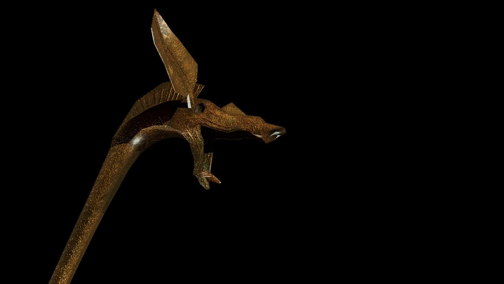 A close up of a 3D model of a carnyx. It has the visage of a boar, with an open, fanged mouth, a mane, and long, flat ears. It is a metallic bronze, with evidence of time's wear.