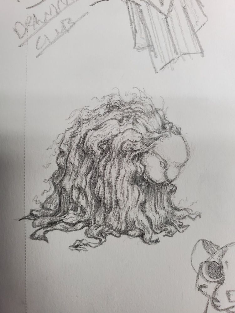 A pencil drawing of a hunched over creature. It has a large, feline like head, with a more human-like forehead. Long, shiny and sometimes wavy hair sprouts out from around the head and covers the rest of the body, cascading down and piling onto the ground.