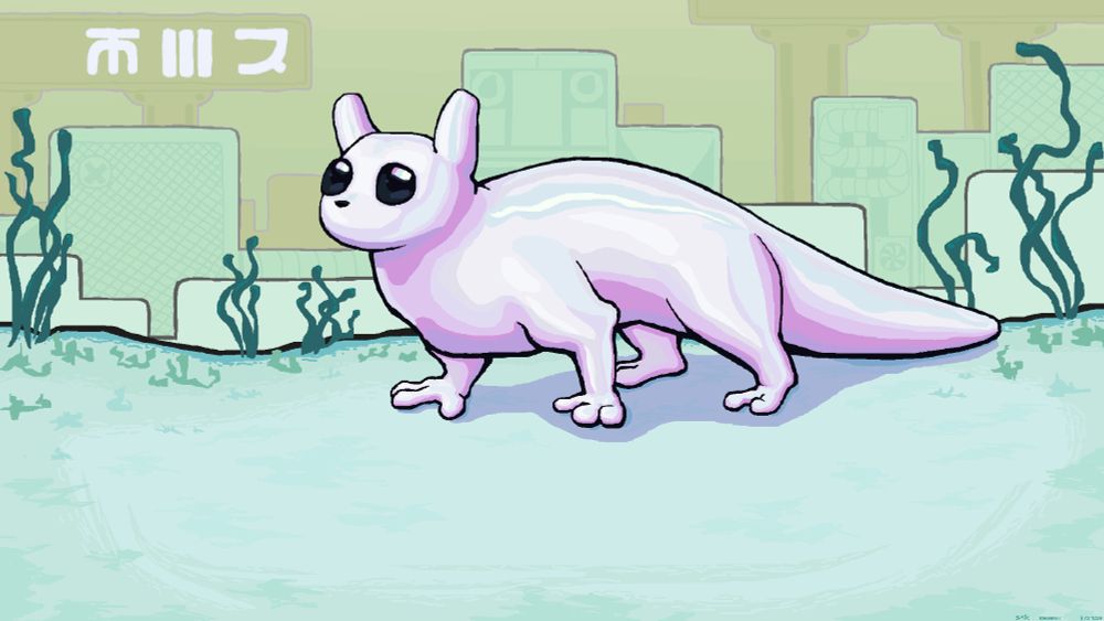 A white slugcat stands on all fours on the ground. There's some vegetation around it, and faint structures in the distance.