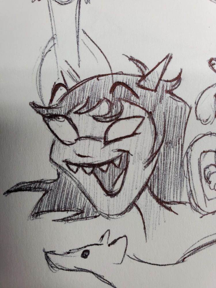 A pen drawing of Terezi. She is grinning widely and facing the left. 