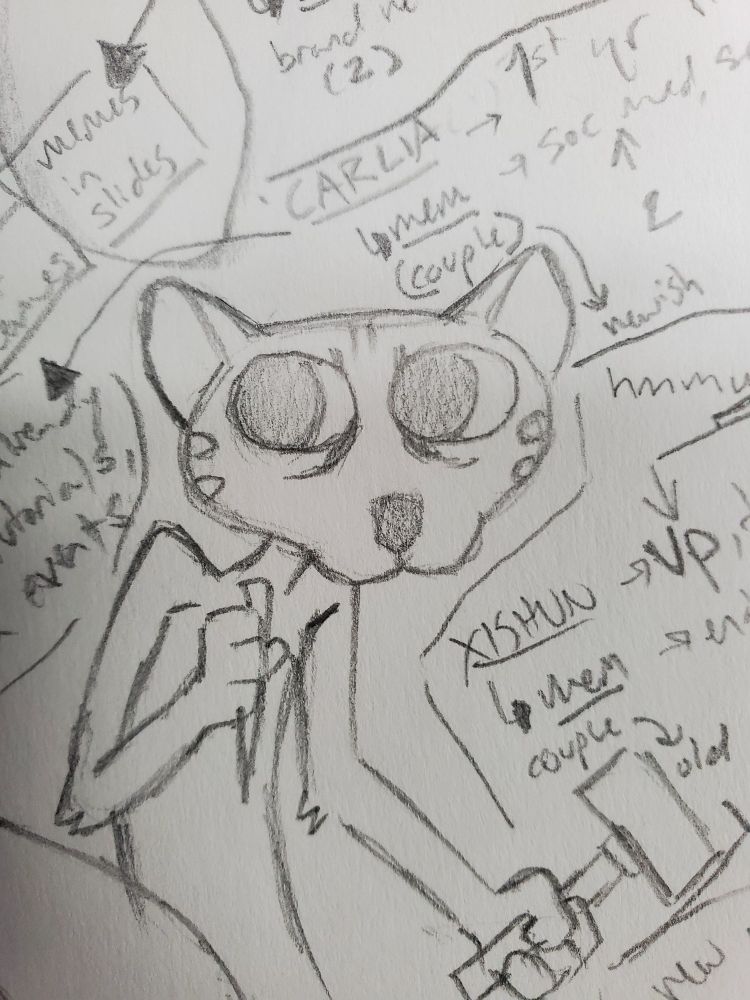 A cartoon pencil drawing of an anthropomorphic margay holding a hammer and chisel. It is slightly hunched over and looking to the side.