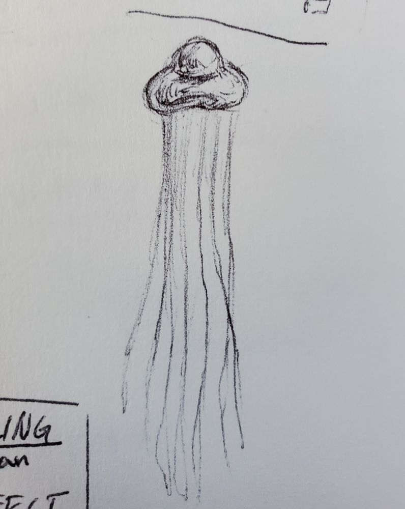 A simple pen drawing of a jellyfish from rain world. Its bell looks vaguely like a fried egg.