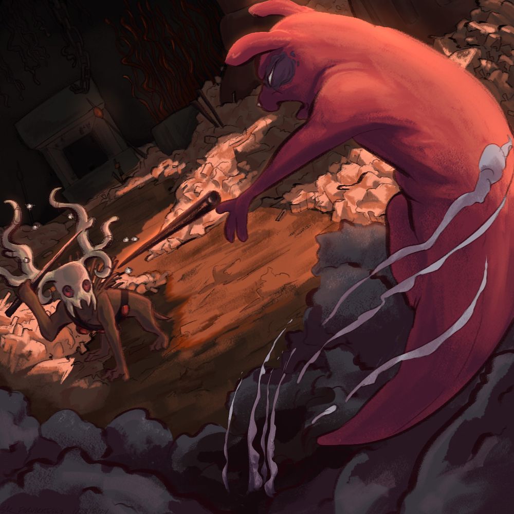 Artificer, a dark magenta slugcat, explosion-jumps, snarls and throws a spear at the scavenger chieftain. They are fighting in the scavenger chieftain's throne room.